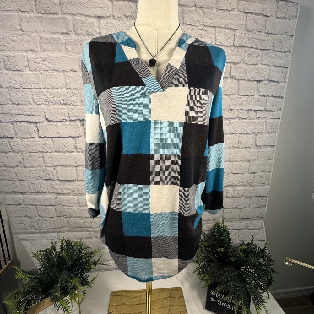 Dokotoo Teal Black White Buffalo Check V-Neck 3/4 Sleeve Top M